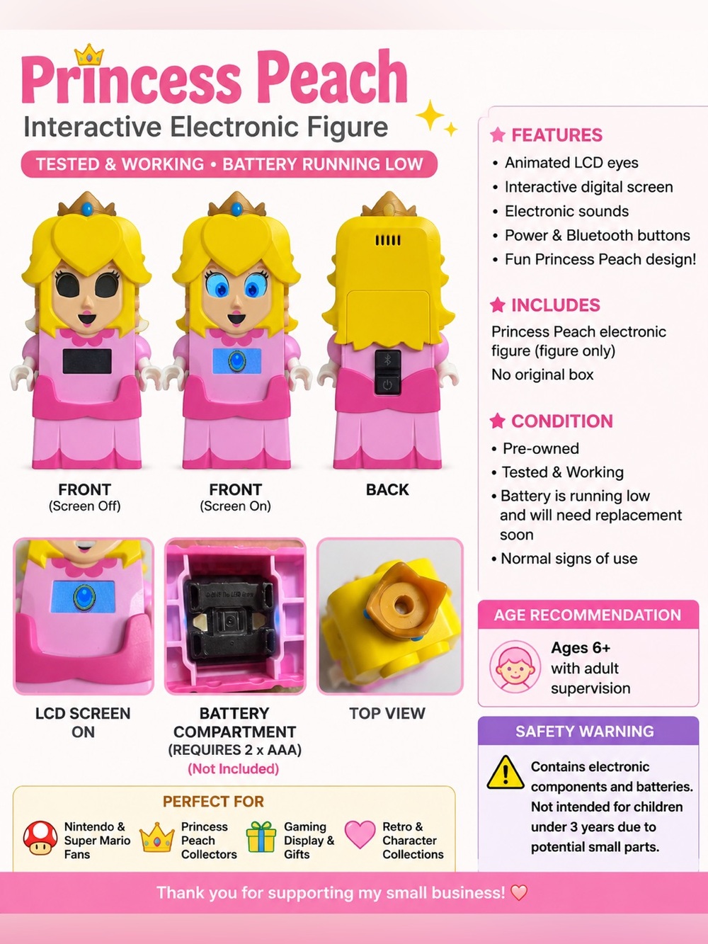 Nintendo Super Mario Princess Peach Interactive Electronic Figure LCD Eyes Scree